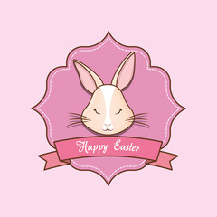 Happy easter design with cute rabbit and decorative frame and ribbon over pink background, colorful design vector illustration