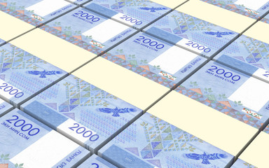 Kyrgyzstani som bills stacks background. 3D illustration.