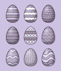 Icon set of easter eggs over purple background, colorful design. vector illustration