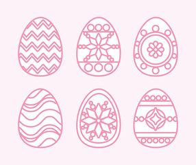 Icon set of easter eggs over pink background, colorful line design. vector illustration
