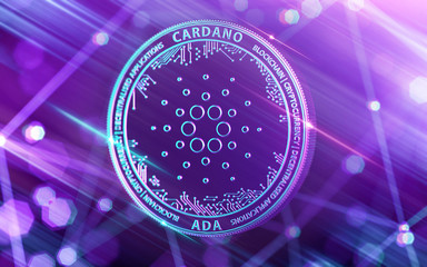 Neon glowing Cardano (ADA) in Ultra Violet colors with cryptocurrency blockchain nodes in blurry background. 3D rendering