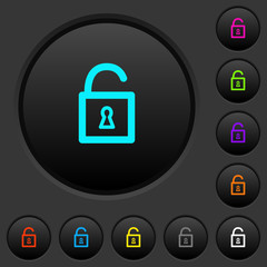 Unlocked padlock with keyhole dark push buttons with color icons