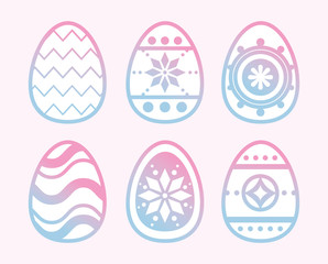 Icon set of easter eggs over pink background, colorful line design. vector illustration