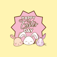 Happy easter design with cute rabbit faces over yellow background, colorful design vector illustration