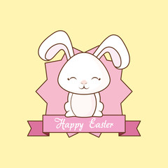 Happy easter design with cute rabbit and decorative frame and ribbon over yellow background, colorful design vector illustration