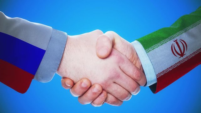 Russia - Iran / Handshake concept animation about countries and politics / With matte channel
