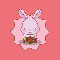 Happy easter design with cute bunny and candies over red background, colorful design vector illustration