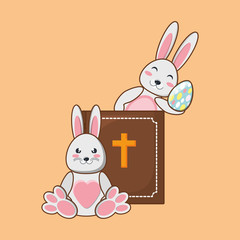 Happy easter design with cute rabbits with bible and easter egg over orange background, colorful design vector illustration