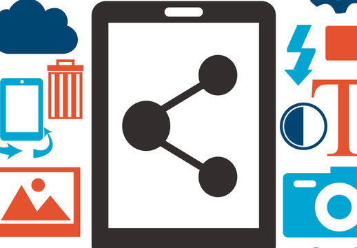 Black and Blue Digital Media Sharing Flat Design Icons Set