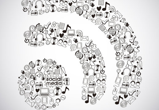 Black White Doodle Social Media RSS Icons Set