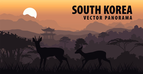 vector panorama of South Korea with mountains woodland and roe deers