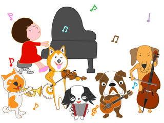 Obraz na płótnie Canvas 犬のコンサート。犬が歌ったり、楽器を演奏したりしている。