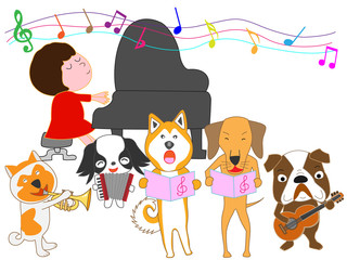 犬のコンサート。犬が歌ったり、楽器を演奏したりしている。