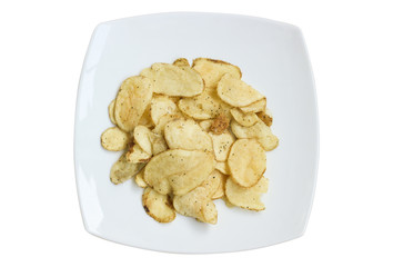 top view of potato chips isolated on white background