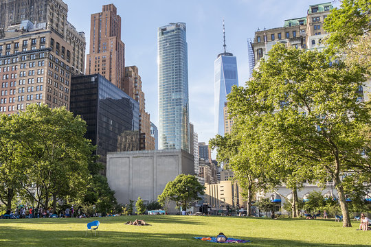 People relaxing at a public park in New York City