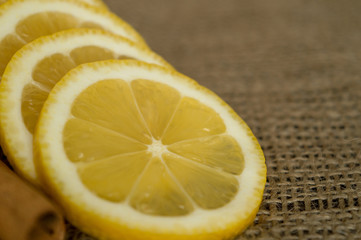Sliced lemon on sackcloth