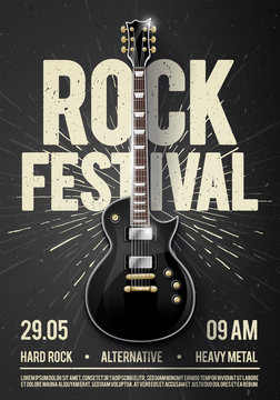 vector illustration black rock festival concert party flyer or poster design template with guitar, place for text and cool effects in the background