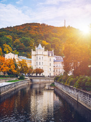Architecture of Karlovy Vary (Karlsbad), Czech Republic. It is the most visited spa town in the...