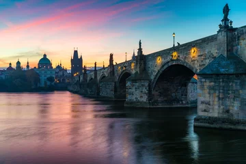 Outdoor-Kissen Scenic spring sunrise view of the Old Town pier architecture and Charles Bridge over Vltava river in Prague, Czech Republic © daliu