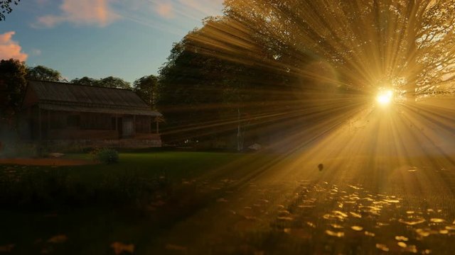 Farm house in the woods and blowing leafs at sunset, travel cam, zoom out