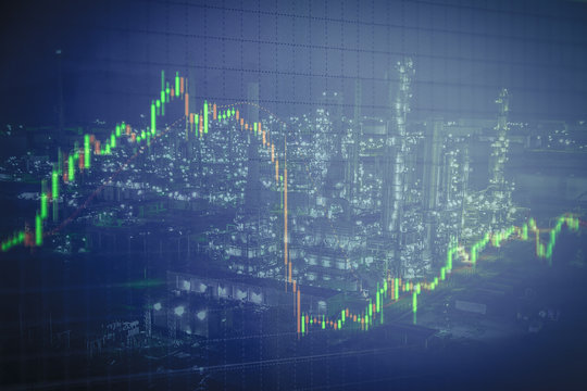 Oil refinery with candlestick graph background , Business and financial concept