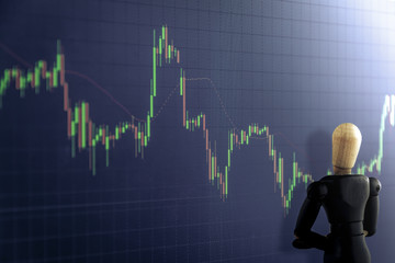 candlestick graph with Wooden puppet, Business and financial concept