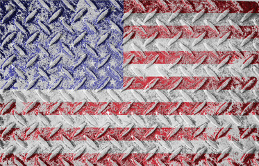 Red white and blue american old glory flag. Rough textured metal diamond plate background with american flag layered. 