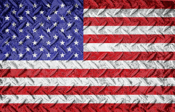 Rough textured metal diamond plate background with american flag layered. Red white and blue american old glory flag.