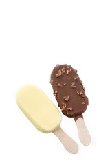 Ice cream collection of eskimo white chocolate, chocolate, praline chocolate on white background