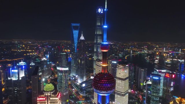 SHANGHAI, CHINA - MAY 5, 2017 Aerial drone video, night time illuminated famous pudong cityscape