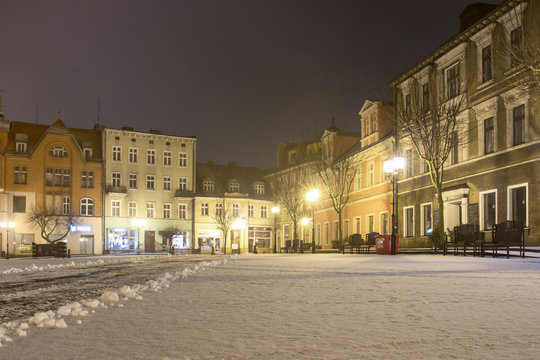 Gniezno - Old town sacred and secular buildings, architecture of the first polish capital. Night shots, winter and snow.