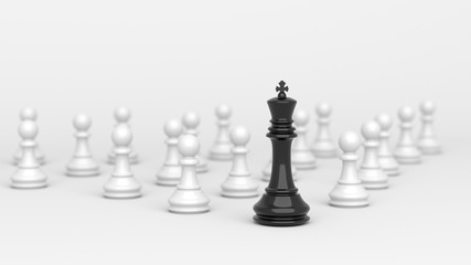 Leadership concept, black king of chess, standing out from the crowd of white pawns, on white background. 3D rendering.