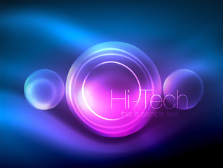 Blurred neon glowing circle, hi-tech modern bubble template, techno glowing glass round shapes or spheres. Geometric abstract background