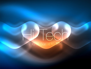 Blurred arrows in dark space. Neon pointers, glass glossy design, abstract shiny techno background, web banner