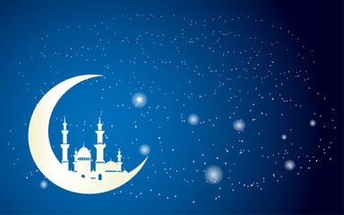 Background of beautiful white mosque on crescent moon