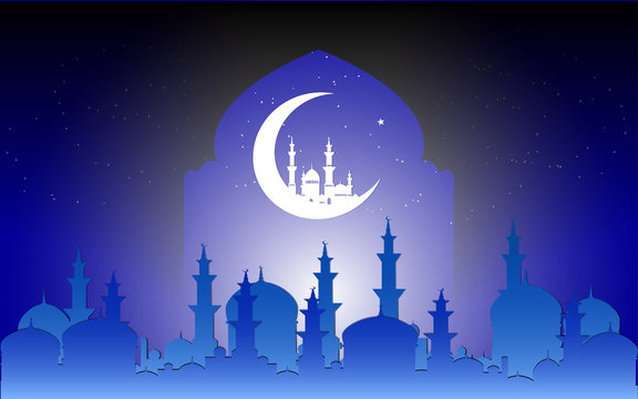 Ramadan Kareem design with night beautiful mosque on crescent moon background