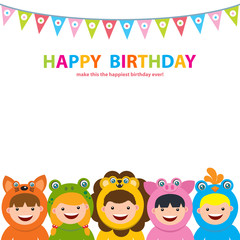 birthday card template with kids in animal costume