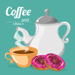 delicious coffee in teapot and donuts