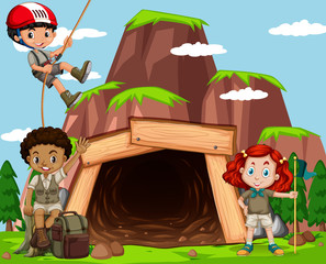 Scene with kids climbing rock at the mine