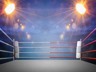 boxing ring with illumination by spotlights. digital effect 3d render.