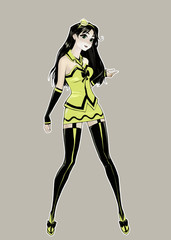 Cute anime cartoon female chatacter with long dark hair wearing lovely fancy dress