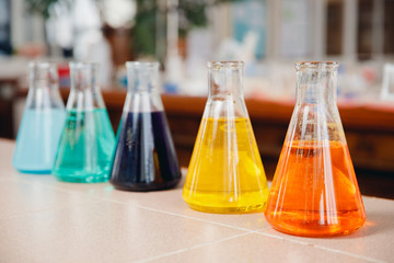 Set of laboratory flasks with colored reagents, chemistry