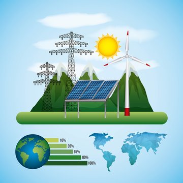 energy types   panel solar  turbine wind tower electrical global vector illustration