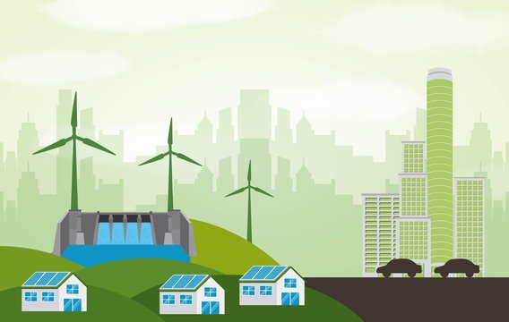 energy types - city electric clean houses panel solar hydro and turbines vector illustration
