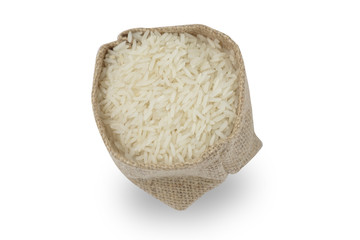 Rice in sack isolated on white background with clipping path included.