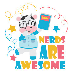 Cute cow as nerd boy vector cartoon illustration for Kid t-shirt background design, postcard, and wallpaper