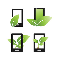 Collection of abstract mobile phone and green leaf logo and icon design template