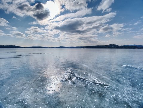 Frozen lake. Studying of climatic and weather changes.