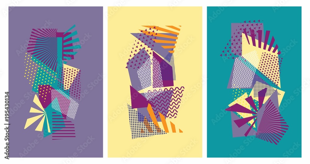 Poster colorful trendy geometric flat elements of pattern memphis. pop art style texture. modern abstract d