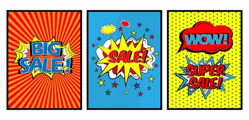 Colorful Pop art comic sale discount promotion banner, Big sale template with speech bubble, clouds beams and halftone background. Vector illustration